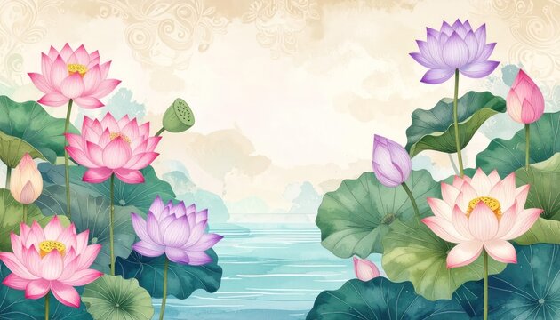 Serene Lotus Flowers Blooming in Tranquil Waters with Misty Mountains.