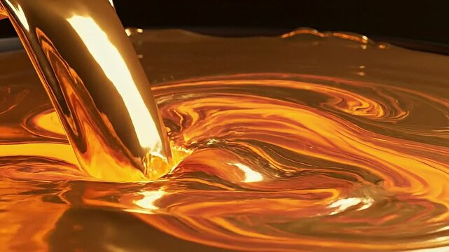 Viscous golden liquid being poured creating rich swirling patterns and a metallic sheen ideal for luxury finance or abstract backgrounds