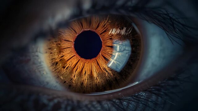 Golden brown iris close up macro detail with dramatic pupil reflection and textured radial detail