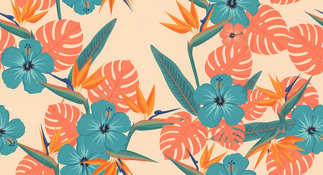 A vibrant floral pattern featuring colorful tropical flowers and leaves on a soft background