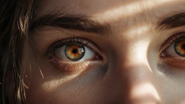 Closed eyes eyelid eyelash eyebrow sunlight shadow golden hazel eye close up with soft sunlight