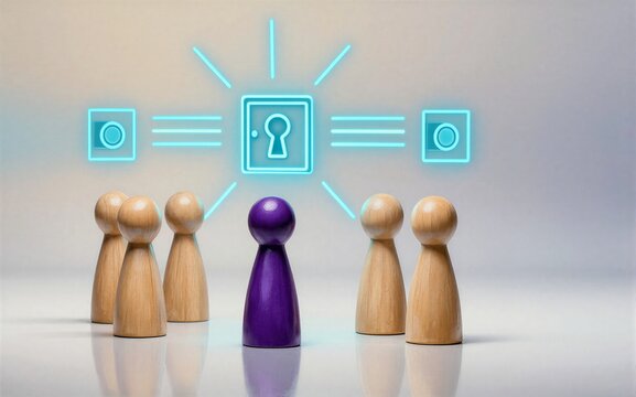 Purple figure stands before glowing key icon symbolizing leadership