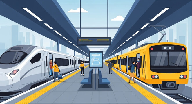 Modern train station with two trains on parallel tracks.