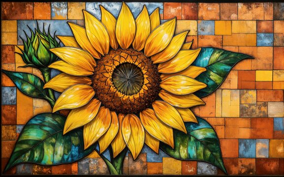Vibrant sunflower with mosaic tile background rich colors and