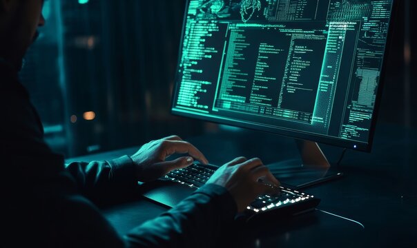 Person typing on a keyboard in front of a computer monitor displaying lines of code in a dark room