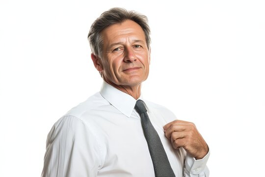 Middle-aged man in a white shirt and tie looking concerned or unsure about something