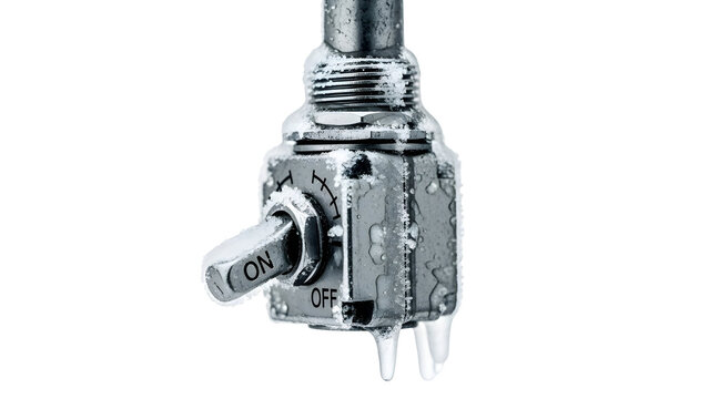 Close up of a metallic toggle switch with ON and OFF labels.