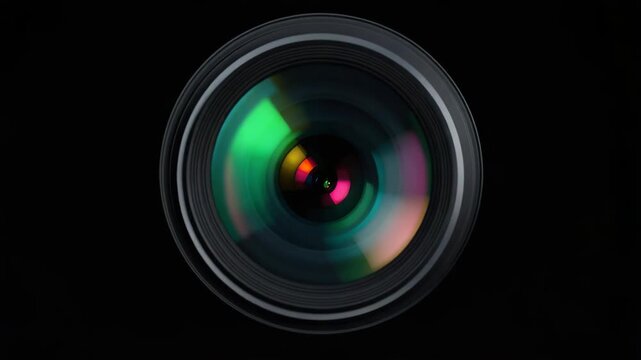 Camera lens close up with colorful reflections and glass elements, rainbow bokeh, soft aperture