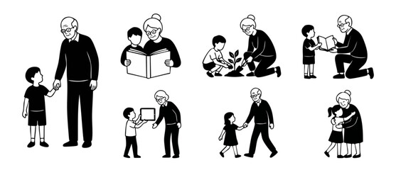 Obraz premium Grandparents and grandchildren interactions set, line art icon collection showing seniors with children reading, planting, and playing in a supportive, loving family relationship, isolated on white ba