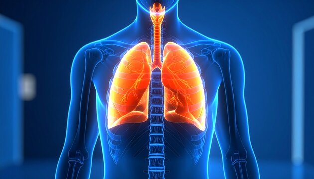 A digital anatomical illustration of lungs and trachea glowing in orange-yellow tones, symbolizing respiration, oxygen exchange, and vitality.