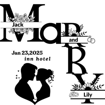 A custom wedding logo with a couple's names and date