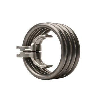 Closeup of a circular metal heating element with multiple coils and a clamping mechanism.