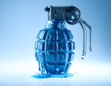 Close up shot of a tactical military hand grenade formed out of glowing blue transparent frozen ice