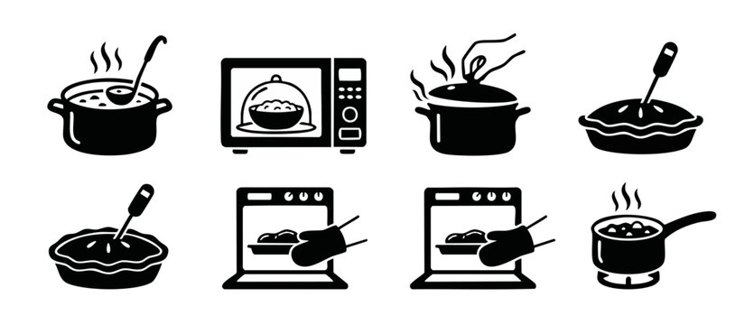 Cooking Icons Set: Kitchen Preparation, Baking and Heating Food Vector Symbols for Culinary Instructions, Restaurant Menus, Home Appliance Guides, and Recipe Graphic Design Elements in Minimalist Styl