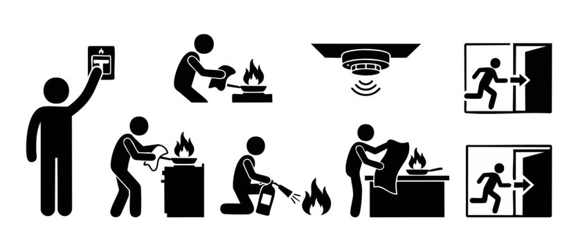 Fire Safety Icons Set, Emergency Procedures and Prevention Pictograms for Workplace, Home Kitchen Fire Extinguisher Use, Smoke Detector, Fire Alarm Pull Station and Evacuation Signage in Black and Whi