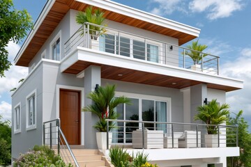 Fototapeta premium Modern house exterior with balcony and tropical plants