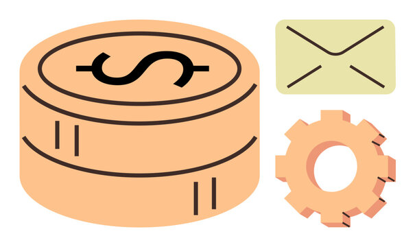 Financial planning, business strategy, communication, money management, organizational tools, workflow. A dollar coin, envelope and gear icon. Financial planning and business strategy context