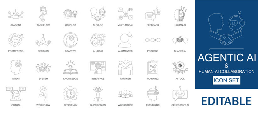 Agentic AI and human-ai collaboration icon set. Includes autonomous agents, task delegation and co-pilot workflow. Professional for future workforce and augmented intelligence.
