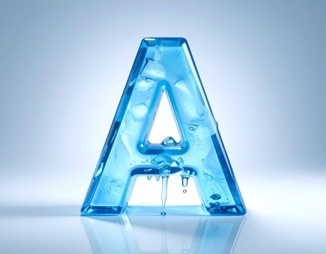 3D render of capital letter A sculpted from solid clear blue ice standing on cold winter landscape