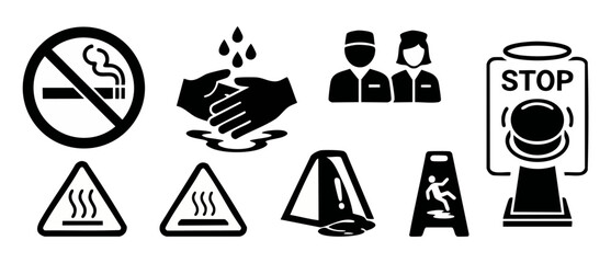 Fototapeta premium Safety and Warning Signs Set, Workplace Hazard Icons, Health Protocols Collection. Black and white pictogram symbols for industrial, medical, and public signage, including emergency stop and hygiene s