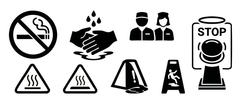Safety and Warning Signs Set, Workplace Hazard Icons, Health Protocols Collection. Black and white pictogram symbols for industrial, medical, and public signage, including emergency stop and hygiene s