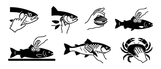 Obraz premium Seafood Preparation Icons Set: Fish, Shellfish and Crab Handling and Cleaning Vector Illustrations for Culinary Food Industry Instruction Manuals, Cooking Tutorials, Restaurant Signage and Kitchen Lab