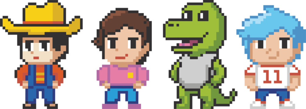 Pixel art characters set, cowboy boy dinosaur and kids retro game sprites