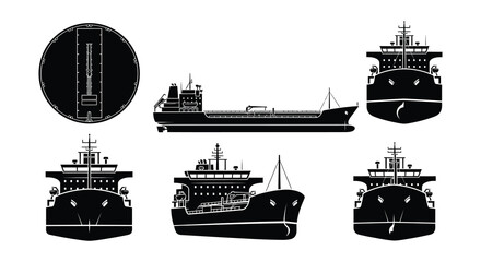 Black silhouette illustrations of various commercial ships and tankers © Begum