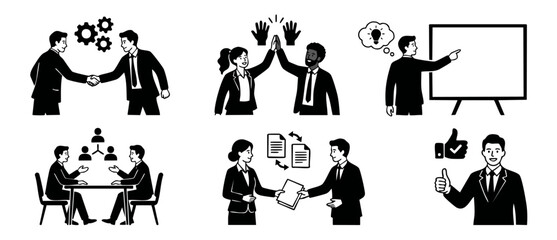 Obraz premium Business People Icon Set Handshake High Five Presentation Teamwork Success Office Communication Black and White Flat Vector Illustration Collection Featuring Professional Collaboration and Corporate G
