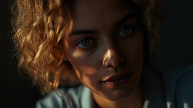 Young woman portrait close up curly hair blue eyes dramatic lighting golden warm side shadow soft
