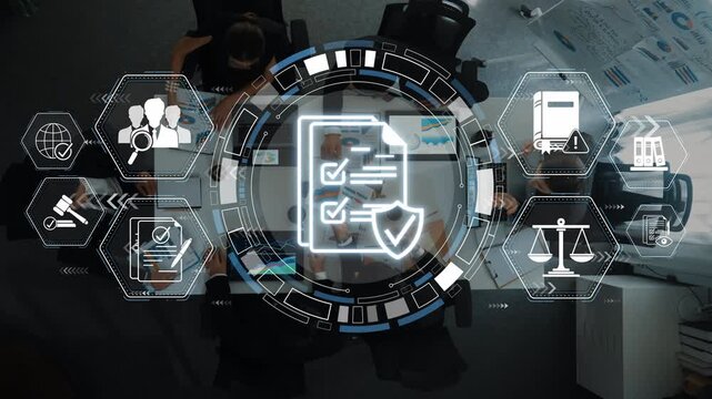 High-Tech Business Meeting with Document Management Concepts and Digital Icons Overlaid on Conference Table in Modern Office Environment Sigmoid