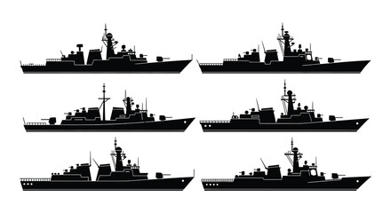 Six black silhouettes of modern naval warships at sea © Begum