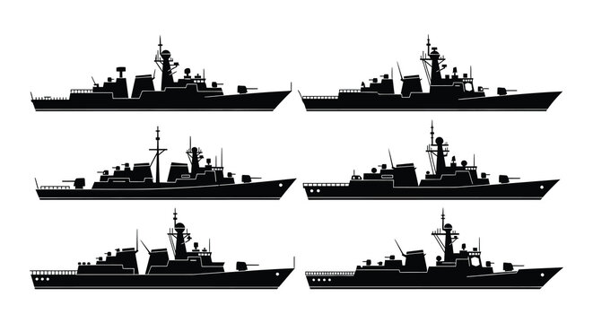 Six black silhouettes of modern naval warships at sea