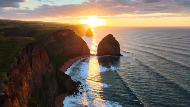 Aerial high angle view of steep rocky coastal cliffs and offshore sea stacks at sunset. Golden sunlight reflects on ocean waves crashing against the rugged shoreline and beach.