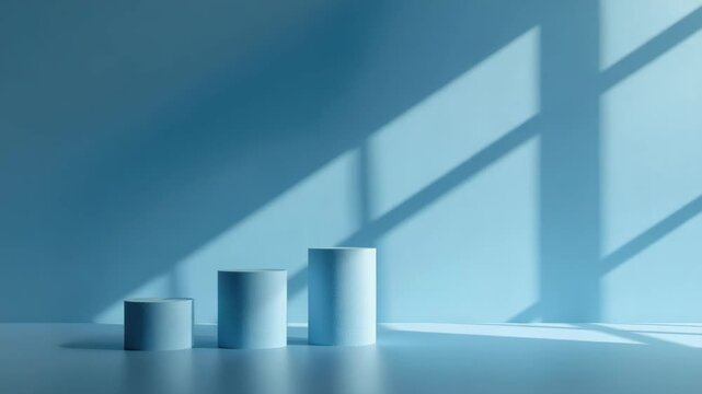 Minimal blue studio cylinder podium display with soft window light, calm minimalist shadows