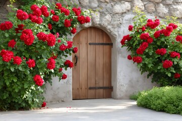 Fototapeta premium Red roses blooming around old rustic door