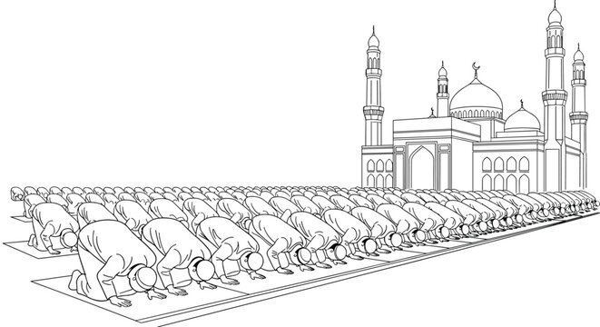 A large congregation of Muslim individuals in white perform prostration during prayer extending in rows before a detailed mosque with multiple minarets and domes all in outline art.