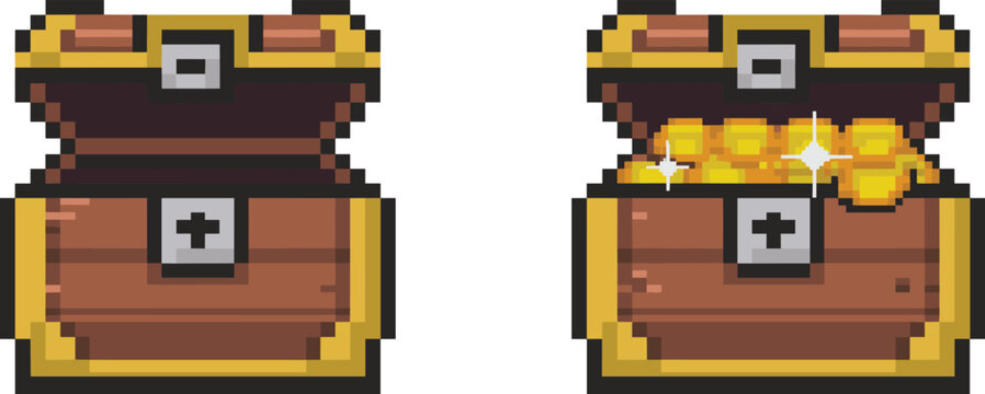 Pixel art treasure chest open closed, retro game loot box with coins