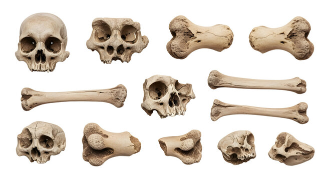 Collection of ancient human and animal skulls and bones for scientific study.