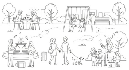 Obraz premium Sketch of people enjoying a park with trees and buildings.