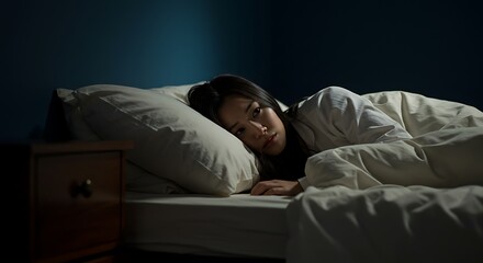 Obraz premium Person sleeping in a dimly lit bedroom at night.