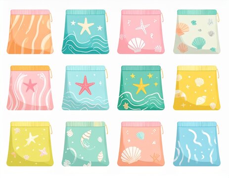 Summer Beach Cosmetic Pouch Set Vector Illustration &ndash; Cute Seashell Starfish Makeup Bags Collection, Ocean Theme Travel Organizer, Pastel Color Accessories