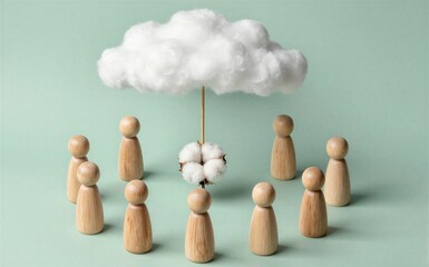 Obraz premium Wooden figures gather under a cotton cloud symbolizing protection and