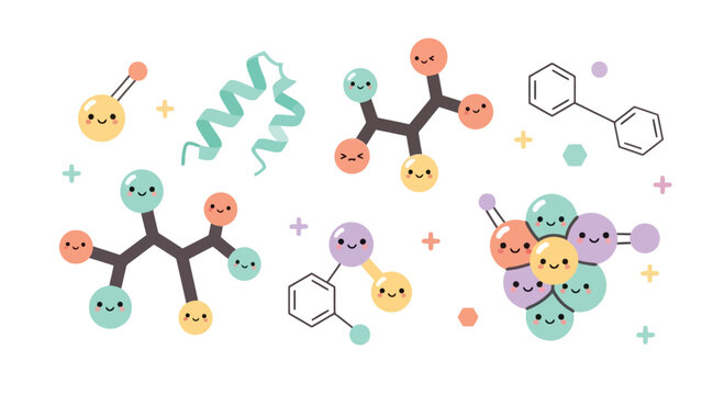 Colorful Cartoon Molecules with Smiling Atoms and Bonds.