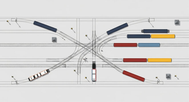 Diagram of a complex railway switchyard with multiple tracks and signals.
