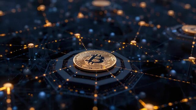 Golden digital cryptocurrency coin glowing blockchain network hub with futuristic token ledger