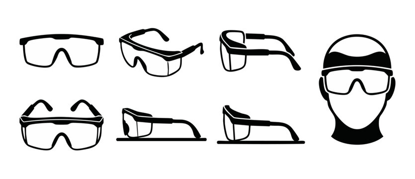 Safety Goggles Icon Set, Protective Eyewear Vector Collection for Construction and Industrial Workplace PPE Design, Isolated Black and White Symbols Showing Front, Side, and Profile View on Human Face