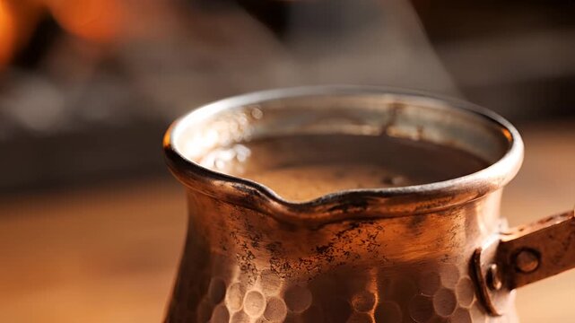Closeup of steaming Turkish coffee being brewed in a traditional copper cezve.