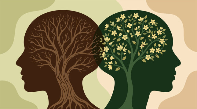 Human heads with contrasting trees symbolizing mental health and personal growth