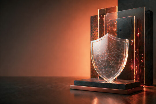 Cybersecurity protection concept with glass shield and layered security panels